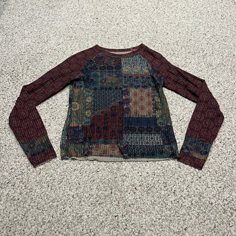 Natural Life Thermal Patchwork Long Sleeve Tee M Boho Granola Casual Floral